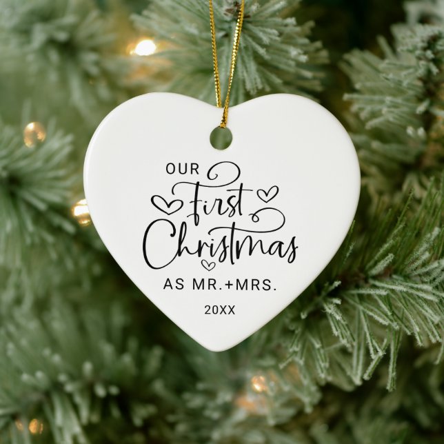 First Christmas Mr Mrs Photo Heart Christmas  Ceramic Ornament (Tree)