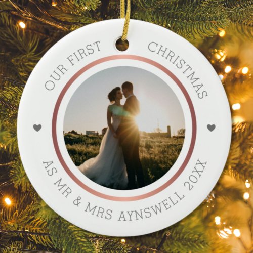 First Christmas Mr  Mrs Photo Modern Elegant Ceramic Ornament