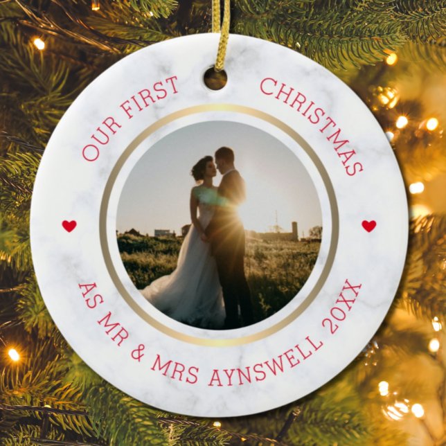 First Christmas Mr & Mrs Photo Modern Marble Ceramic Ornament (Creator Uploaded)