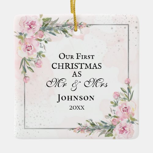 First Christmas Mr  Mrs Pink Floral Inspirational Ceramic Ornament