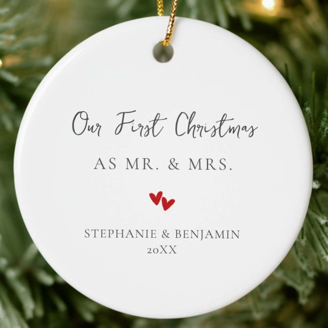 First Christmas Mr Mrs Red Hearts Couple Photo Ceramic Ornament (our first christmas married mr mrs modern ornament couple luxury keepsake red hearts elegant simple)