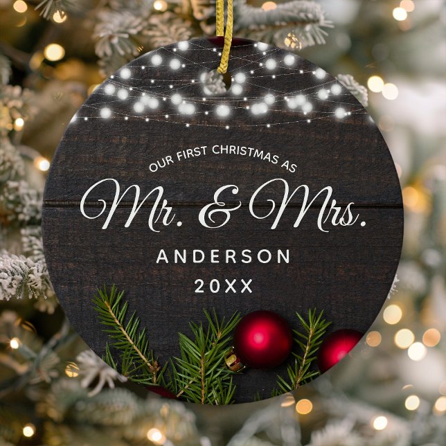 First Christmas Mr Mrs Red Pine String Lights Ceramic Ornament (Creator Uploaded)