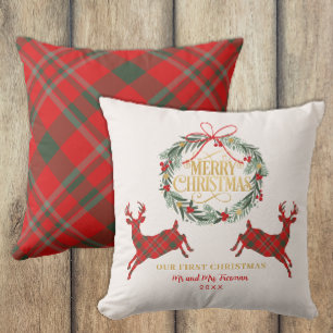 First Christmas Mr & Mrs Red Plaid Pillow