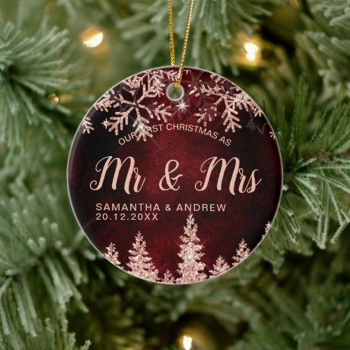 First Christmas Mr  Mrs rose gold glitter snow Ceramic Ornament