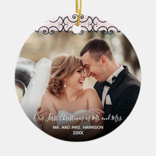 First Christmas Mr  Mrs Rose Gold Navy 2 Photo Ceramic Ornament