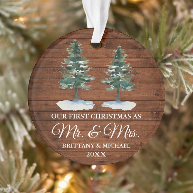 First Christmas Mr. Mrs. Rustic Wood Two Pines Ornament (Tree)