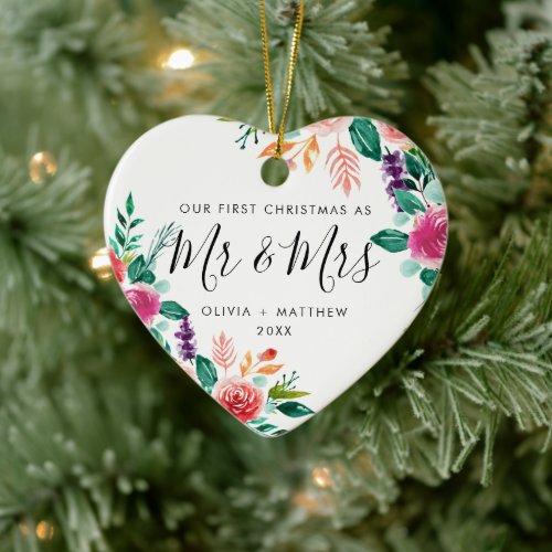 First Christmas Mr  Mrs Script Floral Photo Ceramic Ornament