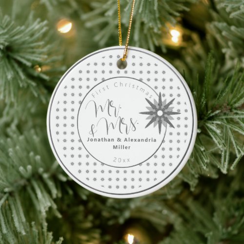 First Christmas Mr  Mrs Silver Snowflake Wedding Ceramic Ornament