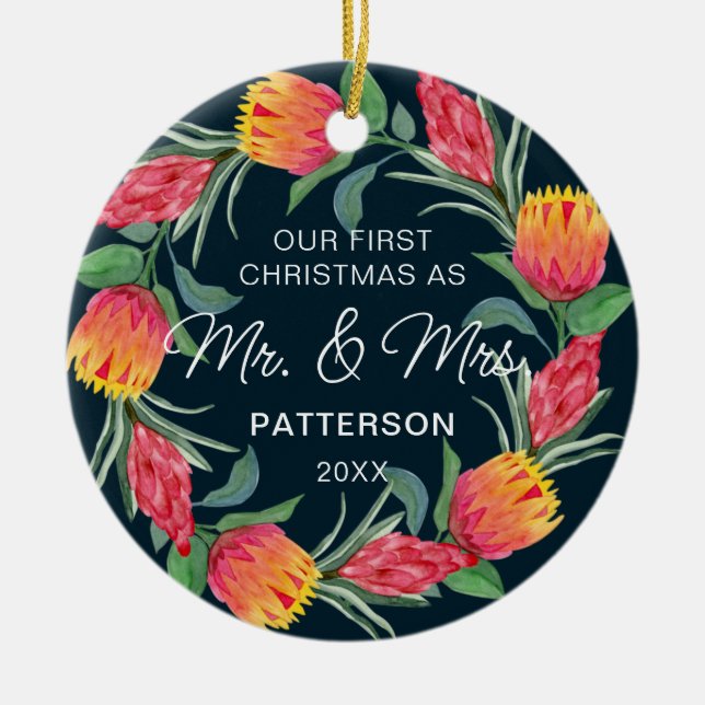 First Christmas Mr & Mrs Tropical Floral Photo Ceramic Ornament (Front)