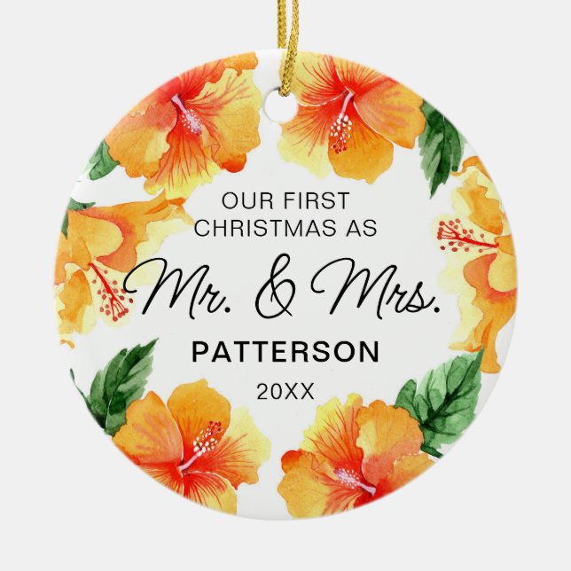 First Christmas Mr & Mrs Tropical  Floral Photo Ceramic Ornament (Front)