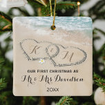 First Christmas Mr & Mrs Tropical Hearts Ceramic Ornament<br><div class="desc">Stunning tropical beach themed christmas ornament featuring the ocean,  a sandy shoreline with two hearts,  your initials,  and a mr & mrs template that is easy to personalize.</div>