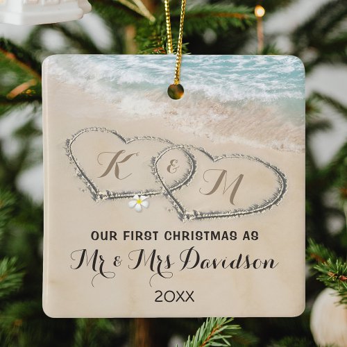 First Christmas Mr & Mrs Tropical Hearts Ceramic Ornament - Stunning tropical beach themed christmas ornament featuring the ocean, a sandy shoreline with two hearts, your initials, and a mr & mrs template that is easy to personalize.