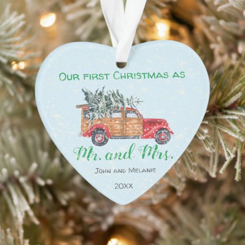 First Christmas Mr  Mrs _ Vintage Red Woody Truck Ornament