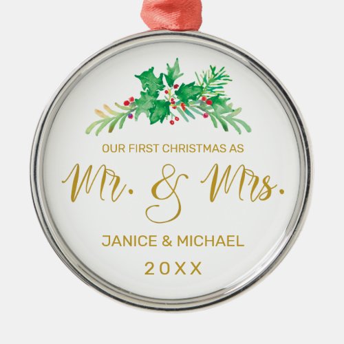 First Christmas Mr  Mrs Watercolor Holly White Metal Ornament
