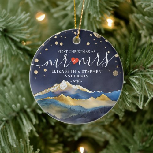 First Christmas Mr Mrs Watercolor Mountain Wedding Ceramic Ornament