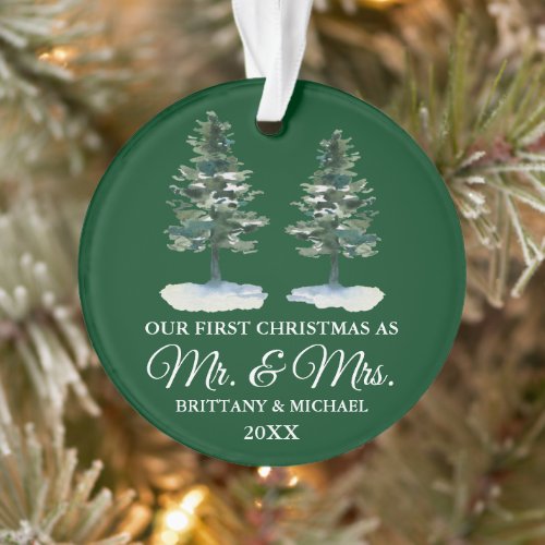 First Christmas Mr Mrs Watercolor Two Pines Ornament