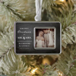 First Christmas Mr & Mrs Wedding Chalkboard Photo Christmas Ornament<br><div class="desc">This modern and simple photo 'our first christmas' ornament design features a square photo on the right side and classic serif and script text of the newlywed couple's names and wedding date on the left side. You can delete the vintage black chalkboard background layer and change the base color to...</div>