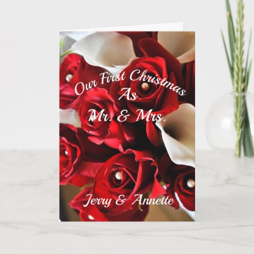 First Christmas Mr Mrs Wedding Red White Floral Holiday Card