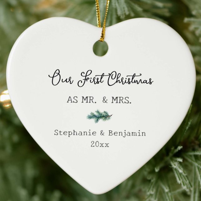 First Christmas Mr Mrs Winter Branch Simple Photo Ceramic Ornament (our first christmas mr mrs married newlywed couple christmas ornament keepsake black white green)