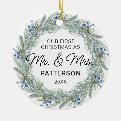 First Christmas Mr  Mrs Winter Floral Photo Name Ceramic Ornament