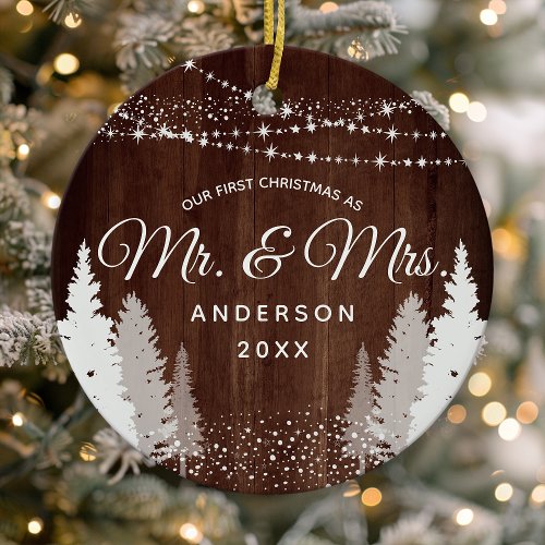 First Christmas Mr Mrs Wood Winter String Lights Ceramic Ornament