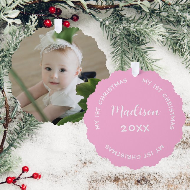 First Christmas Name And Baby Photo Pastel Pink  Ornament Card (Front And Back)