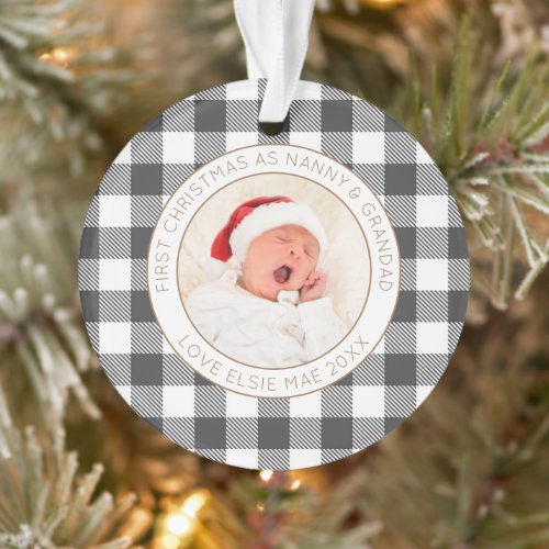 First Christmas Nanny Grandad Photo Name Plaid Ornament