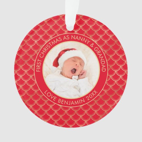 First Christmas Nanny Grandad Photo Red Gold Ornament