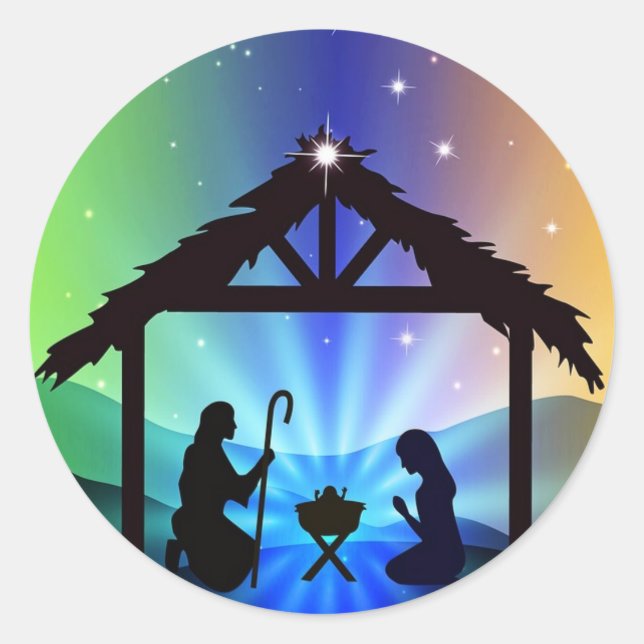 First Christmas Nativity Scene in Bethlehem Classic Round Sticker (Front)