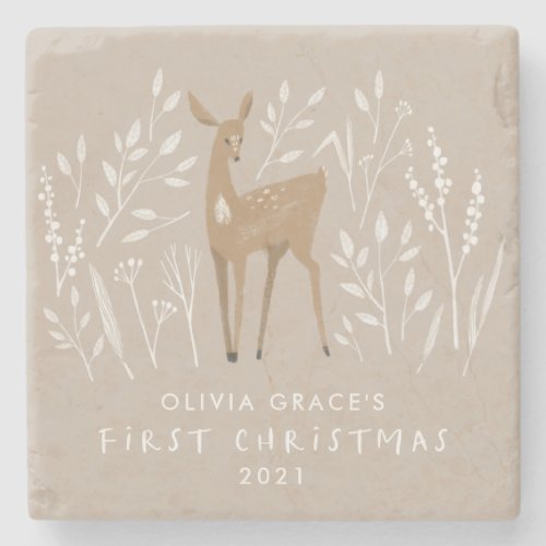 First Christmas natural reindeer delicate elegant  Stone Coaster