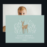 First Christmas natural reindeers delicate 1 photo Holiday Card<br><div class="desc">First Christmas natural reindeer delicate 1 photo elegant modern design. Part of a stunning collection. Mint green.</div>