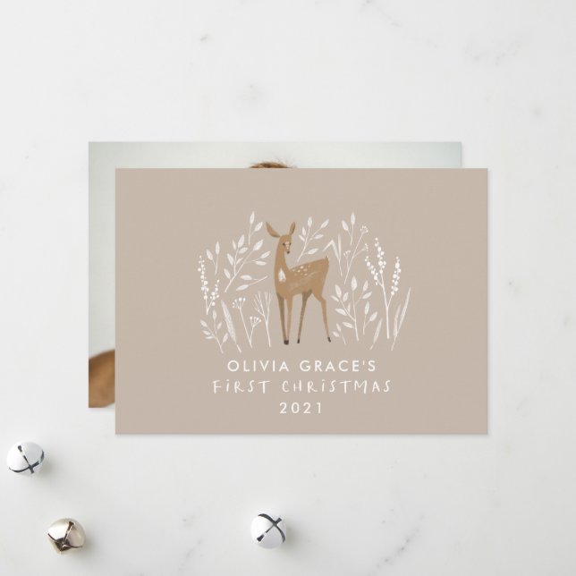 First Christmas natural reindeers delicate 1 photo Holiday Card (Front/Back In Situ)