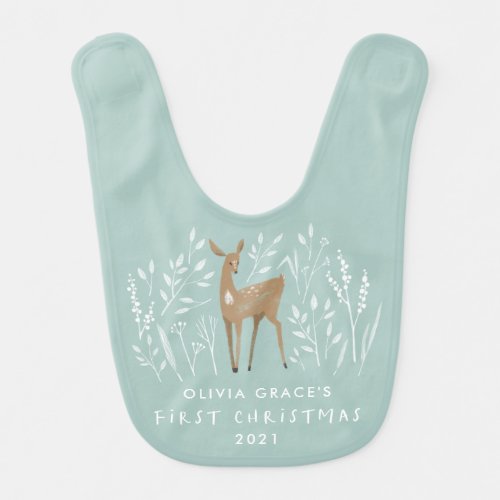 First Christmas natural reindeers delicate floral  Baby Bib