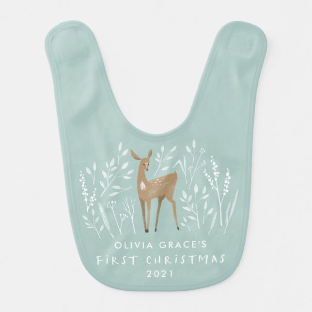 First Christmas natural reindeers delicate floral  Baby Bib (Front)