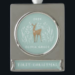 First Christmas natural reindeers delicate floral  Silver Plated Banner Ornament<br><div class="desc">First Christmas natural reindeers delicate floral personalized and year. Mint green.</div>