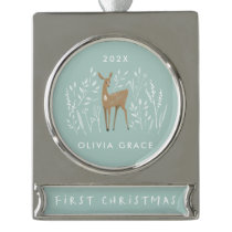 First Christmas natural reindeers delicate floral  Silver Plated Banner Ornament