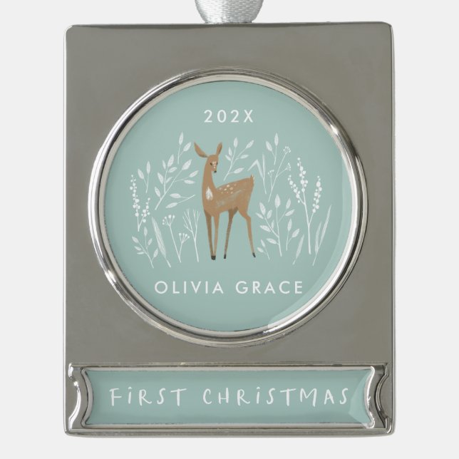 First Christmas natural reindeers delicate floral  Silver Plated Banner Ornament (Front)