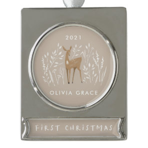 First Christmas natural reindeers delicate floral Silver Plated Banner Ornament