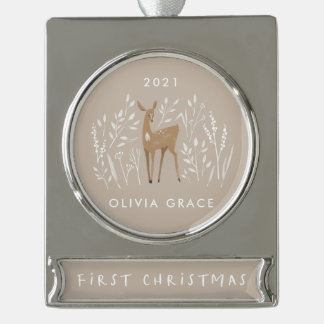 First Christmas natural reindeers delicate floral Silver Plated Banner Ornament