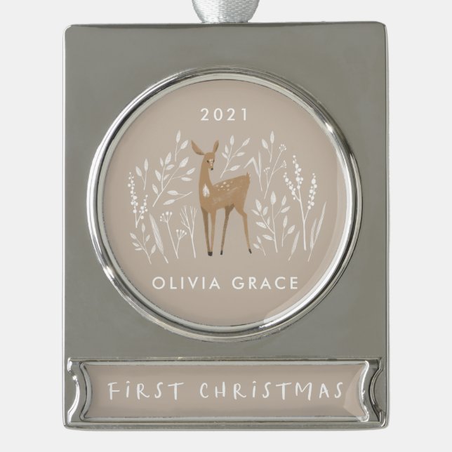 First Christmas natural reindeers delicate floral Silver Plated Banner Ornament (Front)