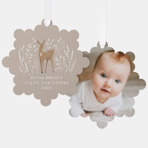 First Christmas natural reindeers elegant 1 photo Ornament Card