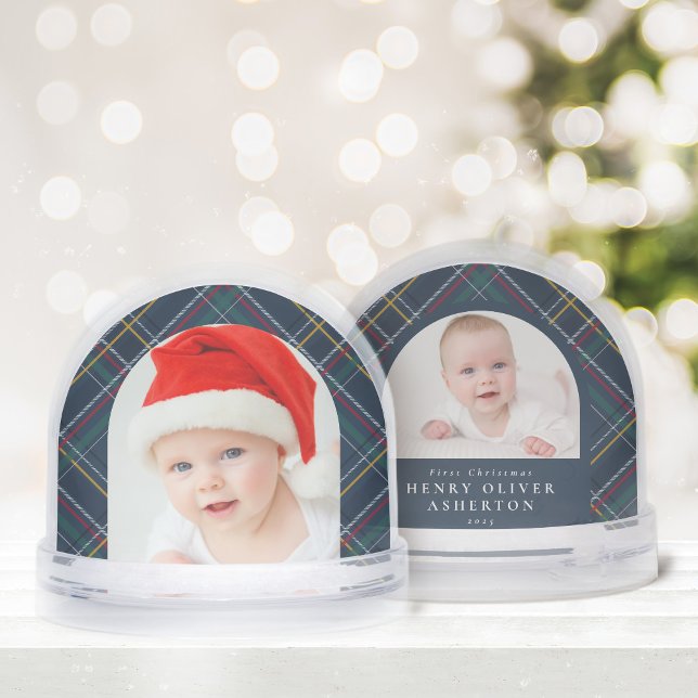 First Christmas navy holiday plaid two photo Snow Globe (Creator Uploaded)