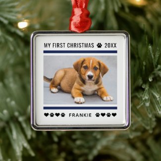 First Christmas Navy Pet Dog Personalized Photo Metal Ornament