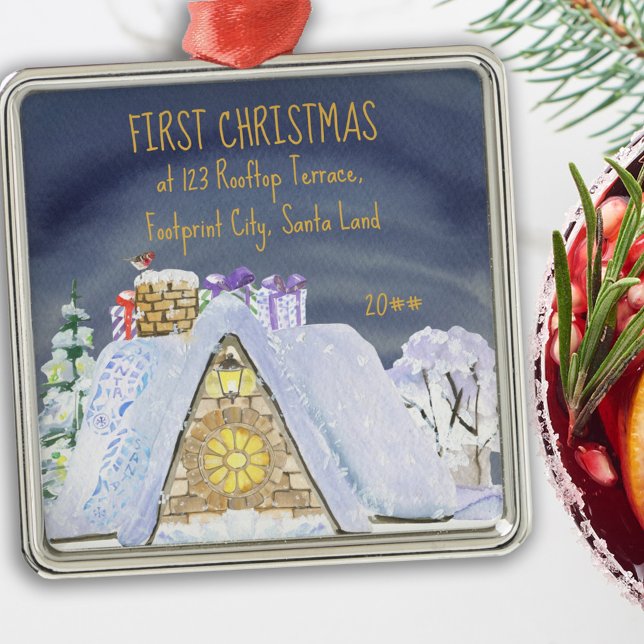 First Christmas New Address Santa on the Roof Metal Ornament (Creator Uploaded)