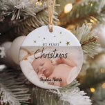 First Christmas New Baby Ceramic Ornament<br><div class="desc">Baby’s first Christmas - forever remembered with this simple and modern typography design with cute gold colored stars.</div>