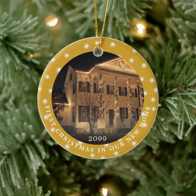 FIRST CHRISTMAS NEW HOME 2 Photo Lights Gold Ceramic Ornament (Tree)