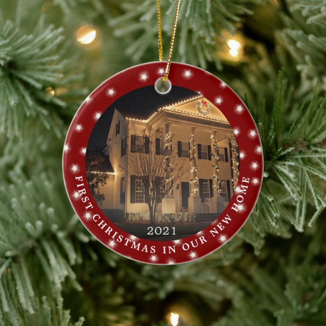 FIRST CHRISTMAS NEW HOME 2 Photo Lights Red Ceramic Ornament (Tree)