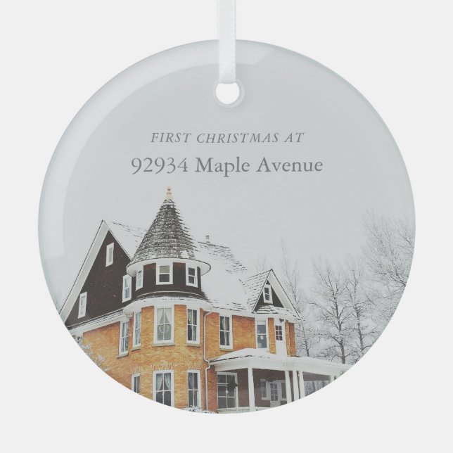 First Christmas New Home Address Custom Photo Glass Ornament (Front)
