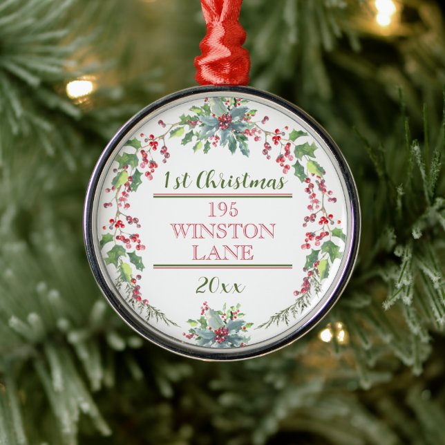 First Christmas, New Home, Address, Festive Tree  Metal Ornament (Tree)