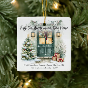 First Christmas New Home Address Photo Watercolor Ceramic Ornament